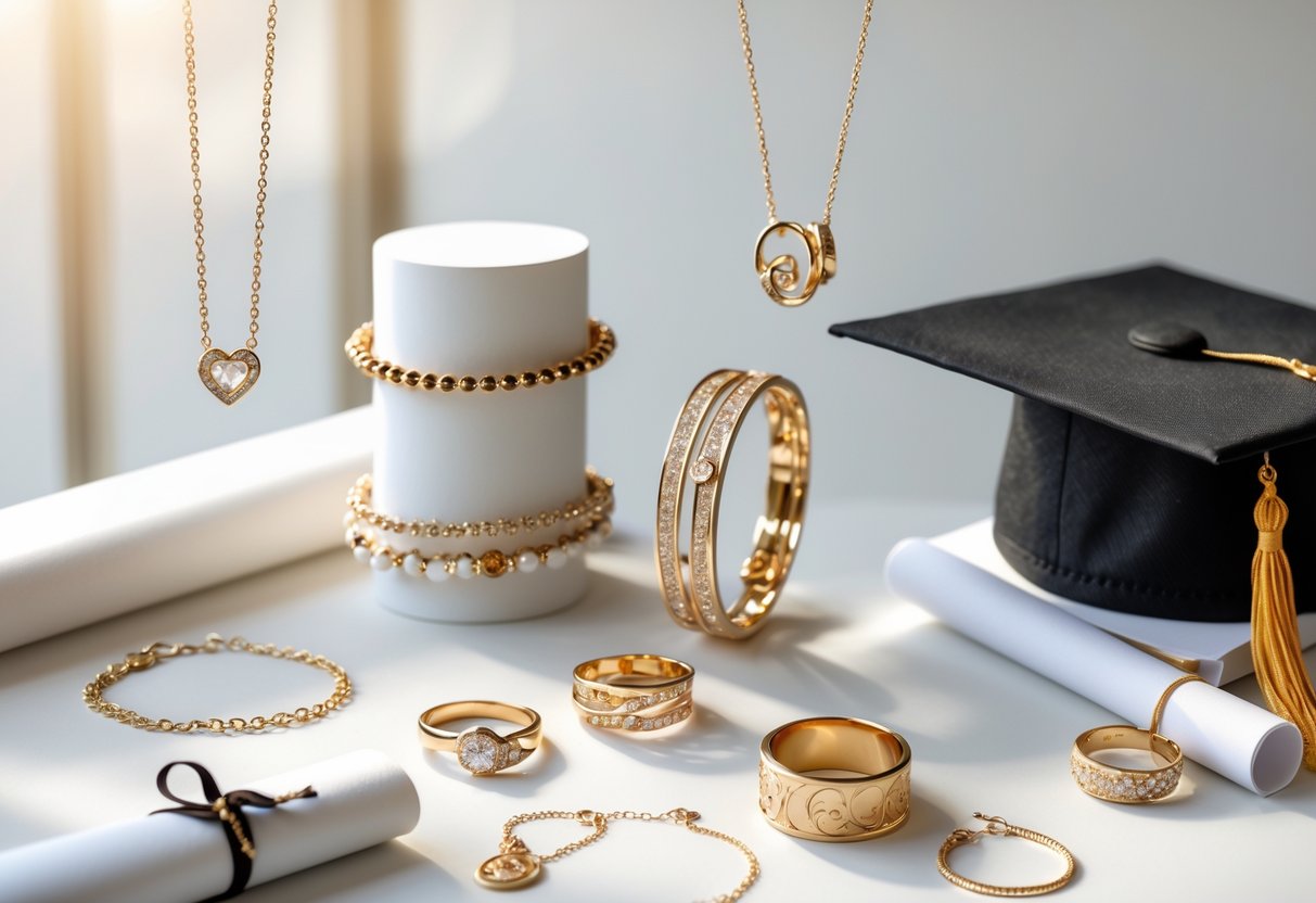 A display of elegant handcrafted jewelry next to a diploma and graduation cap, symbolizing gifts for PhD graduates.