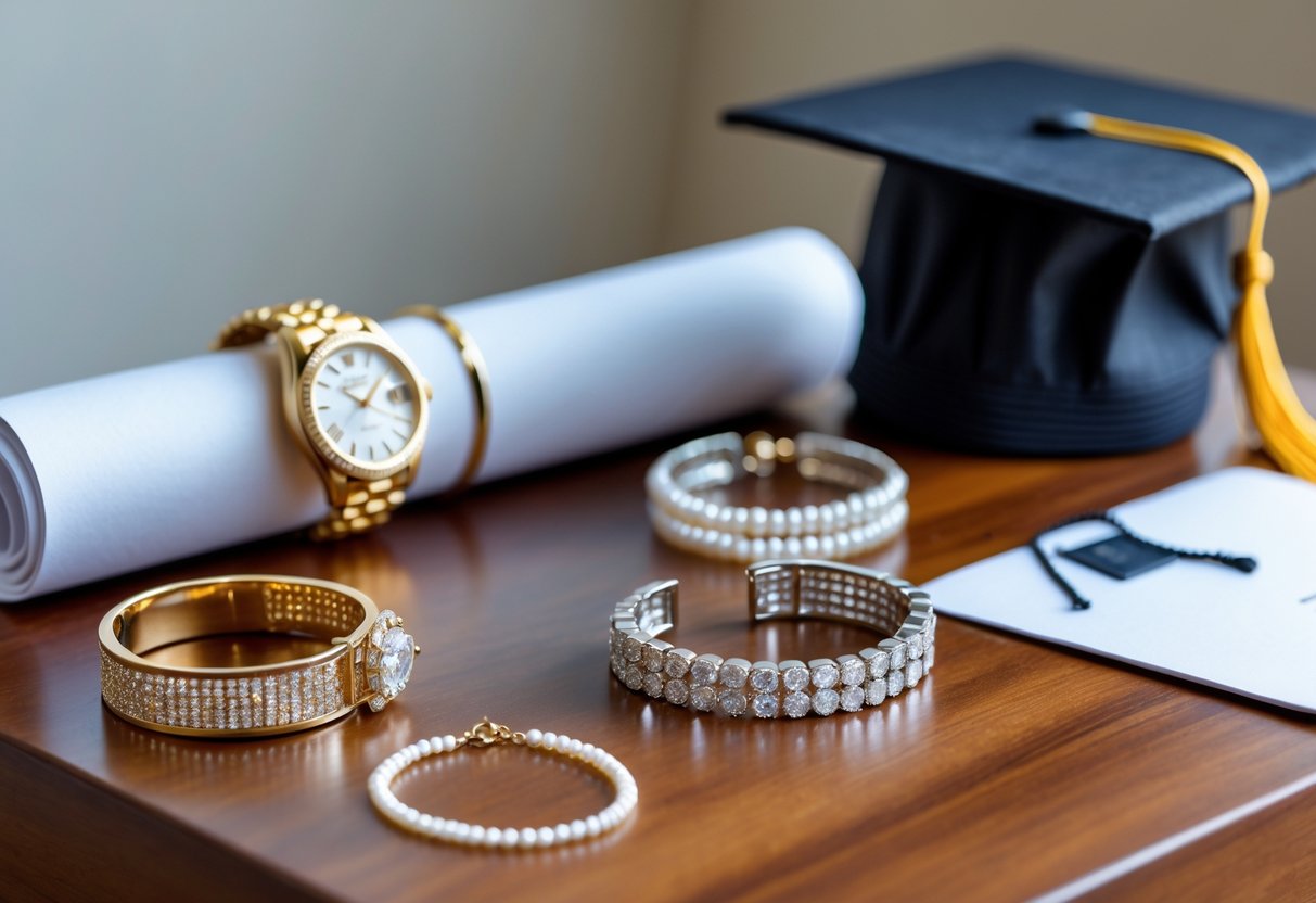 A collection of elegant jewelry gifts including a gold watch, pearl necklace, diamond earrings, and silver bracelet arranged with a graduation cap and diploma on a wooden surface.