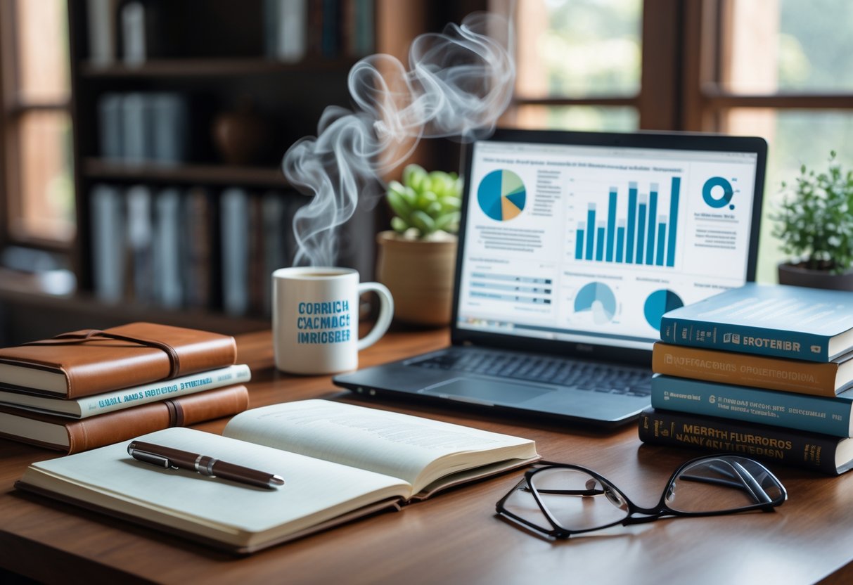 A well-organized study desk with books, a notebook, a pen, a steaming coffee mug, reading glasses, a laptop showing research data, and a small plant near a window.