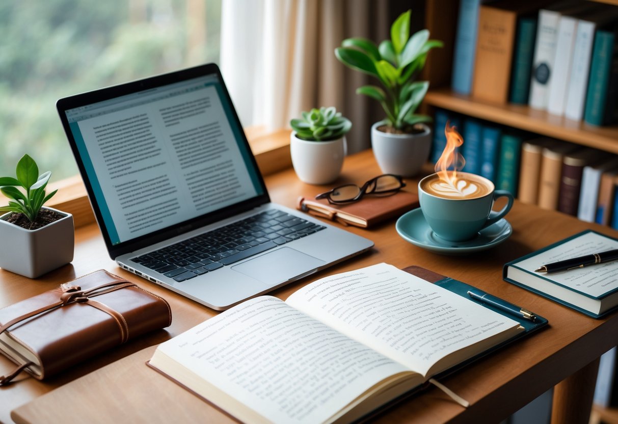 A cozy study desk with a laptop, open notebook, coffee cup, journal, pen set, motivational book, and a small potted plant, with a bookshelf in the background.