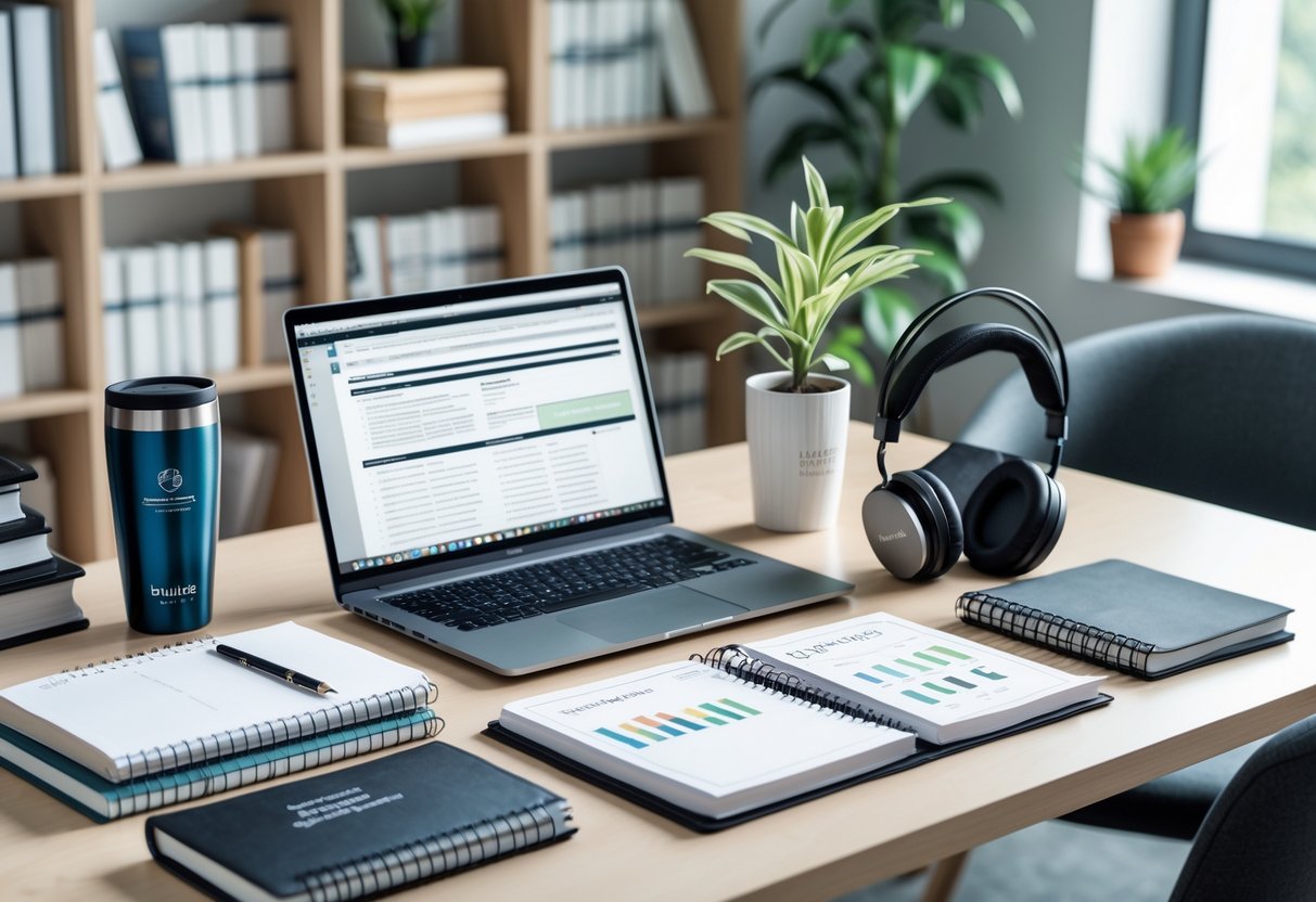 A tidy desk with a laptop, notebooks, pen set, coffee tumbler, headphones, plant, and bookshelf in the background, representing a productive workspace for a PhD student.