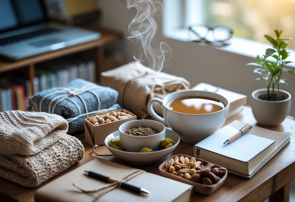 A table with care packages including a blanket, tea, books, snacks, a journal, and a plant, set in a study space with academic books and a laptop.