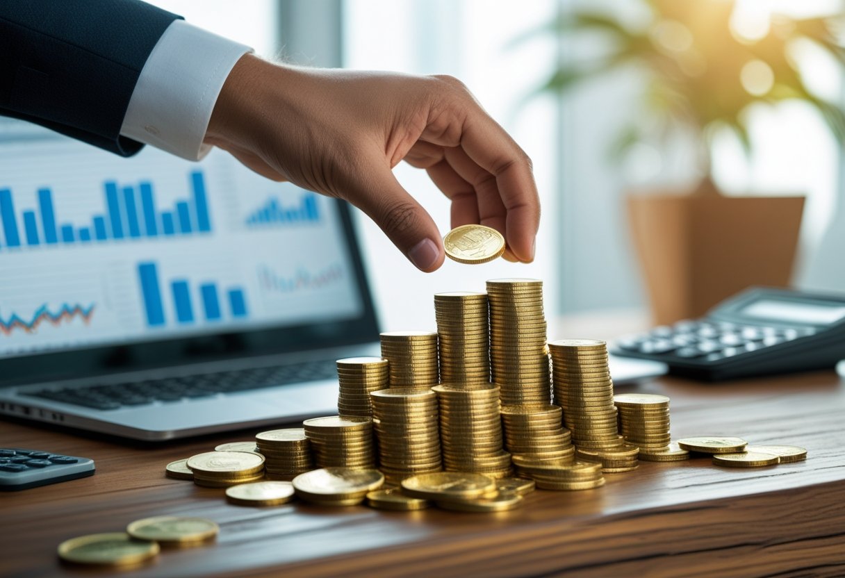 A hand stacking golden coins on a desk with a laptop showing financial charts and a calculator nearby.