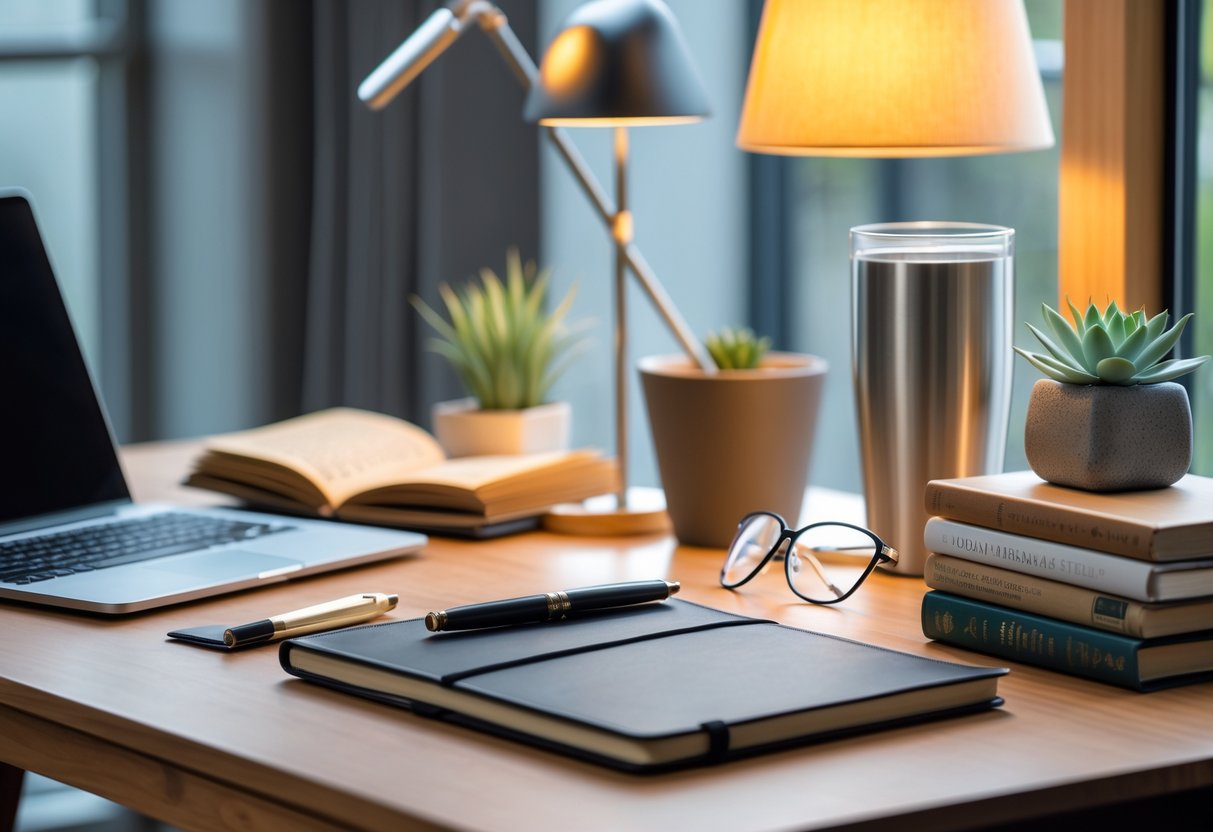 A tidy workspace with a laptop, notebook, fountain pen, desk lamp, coffee tumbler, academic books, a small plant, and reading glasses on a wooden desk.