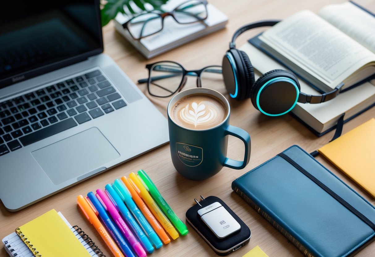 A flat lay of practical gift items for PhD students including a laptop, travel coffee mug, planner, pens, headphones, portable charger, glasses, and academic books on a wooden desk.