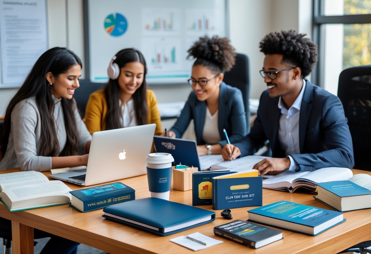 Three PhD students working together at a table with practical gift items like a laptop, notebooks, headphones, and coffee cup in a bright study room.