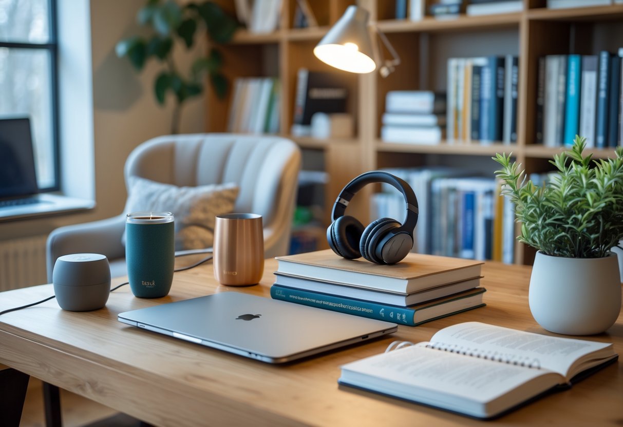 A tidy study desk with a laptop, books, coffee tumbler, headphones, planner, desk lamp, and a small plant in a bright room.