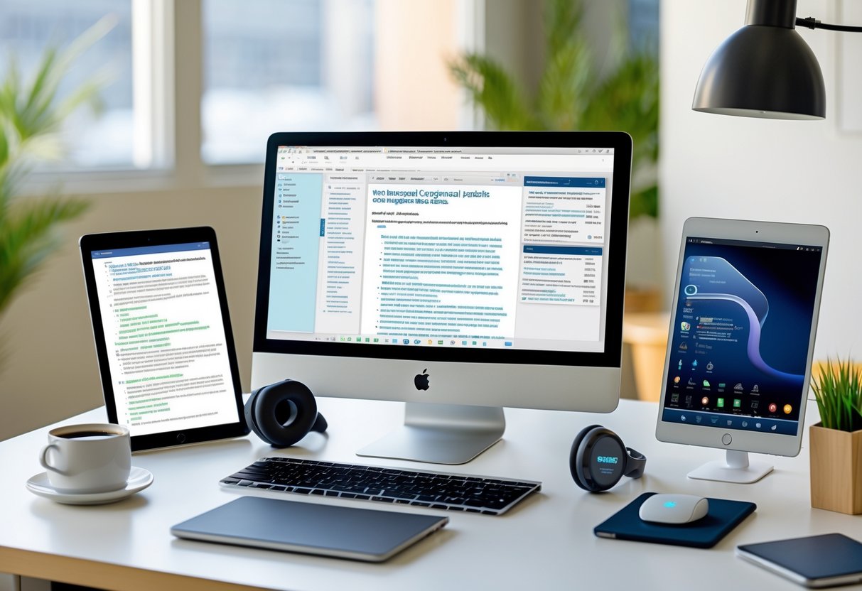 A tidy desk with a laptop, wireless headphones, tablet, smart notebook, external hard drive, smartphone, and ergonomic mouse in a bright workspace with a coffee cup and plant.