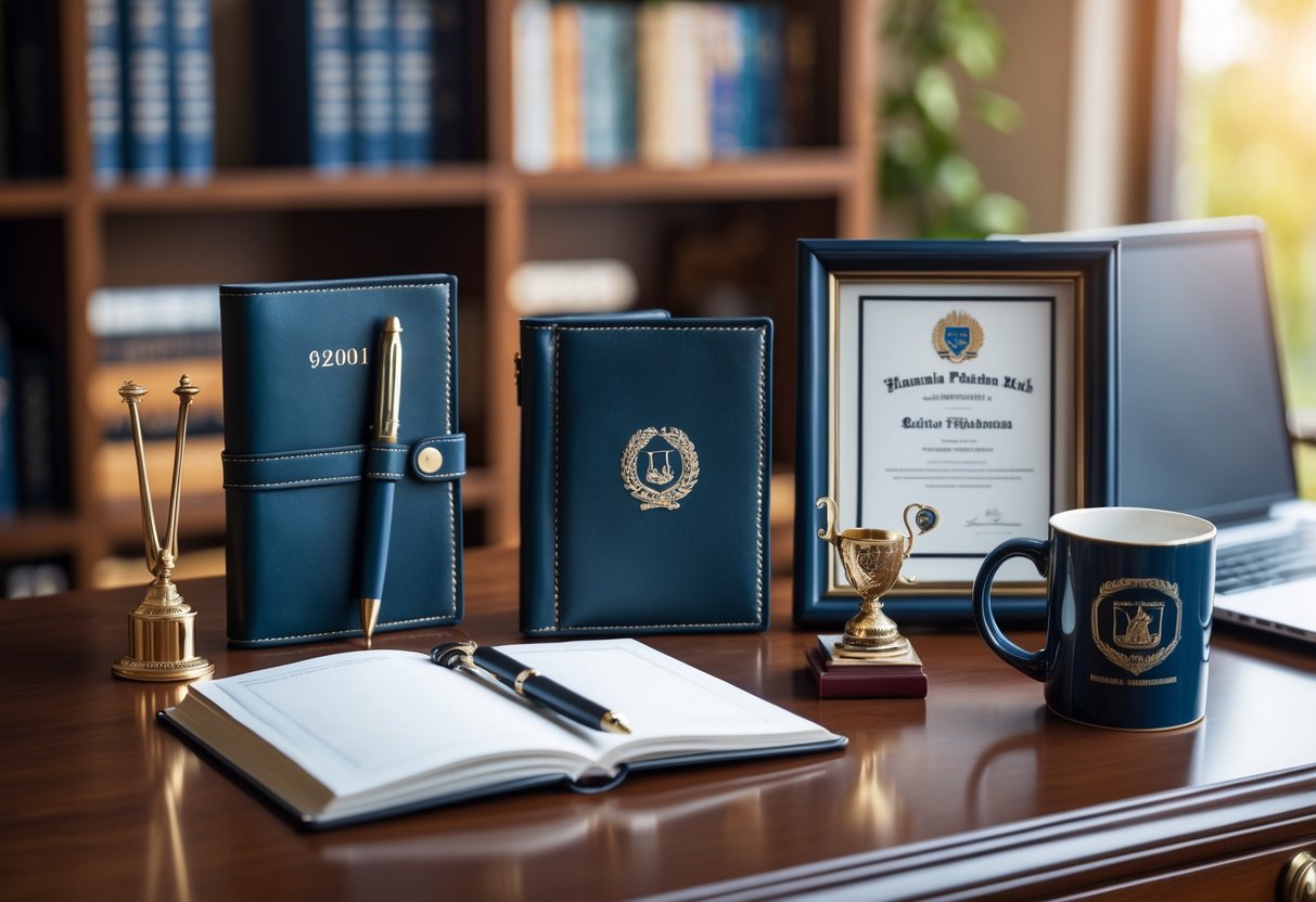 A desk with personalized gifts for PhD students including an engraved pen set, leather notebook, framed diploma, coffee mug, and a small trophy, with a blurred bookshelf and laptop in the background.