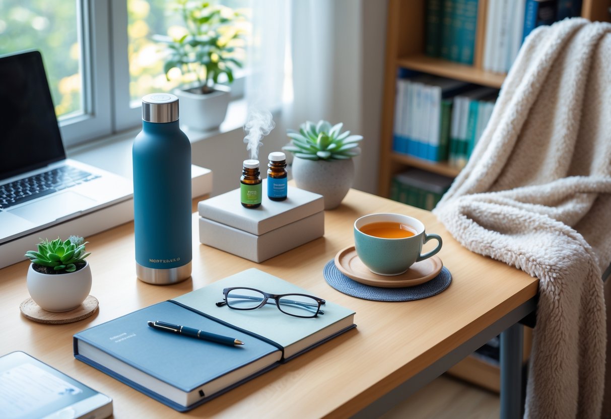 A cozy study desk with wellness gifts including a water bottle, essential oil diffuser, journal, glasses, plant, blanket, and a cup of tea, with books and a laptop in the background.