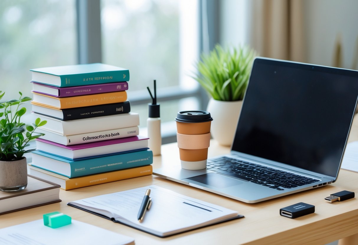 A desk with seven practical gifts for PhD students including books, a laptop, a planner with a pen, reading glasses, a coffee cup, a small plant, and a USB flash drive.