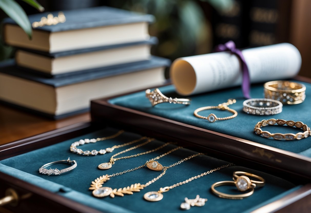 A display of elegant jewelry including necklaces, bracelets, and rings arranged on a table with academic books and a diploma in the background.