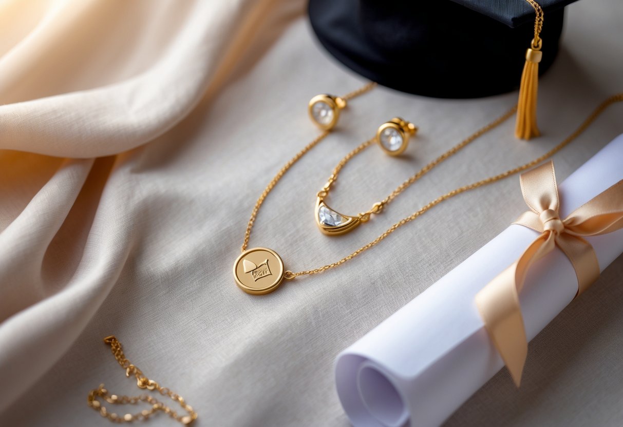 Close-up of elegant jewelry arranged next to a graduation cap and diploma on a soft fabric background.