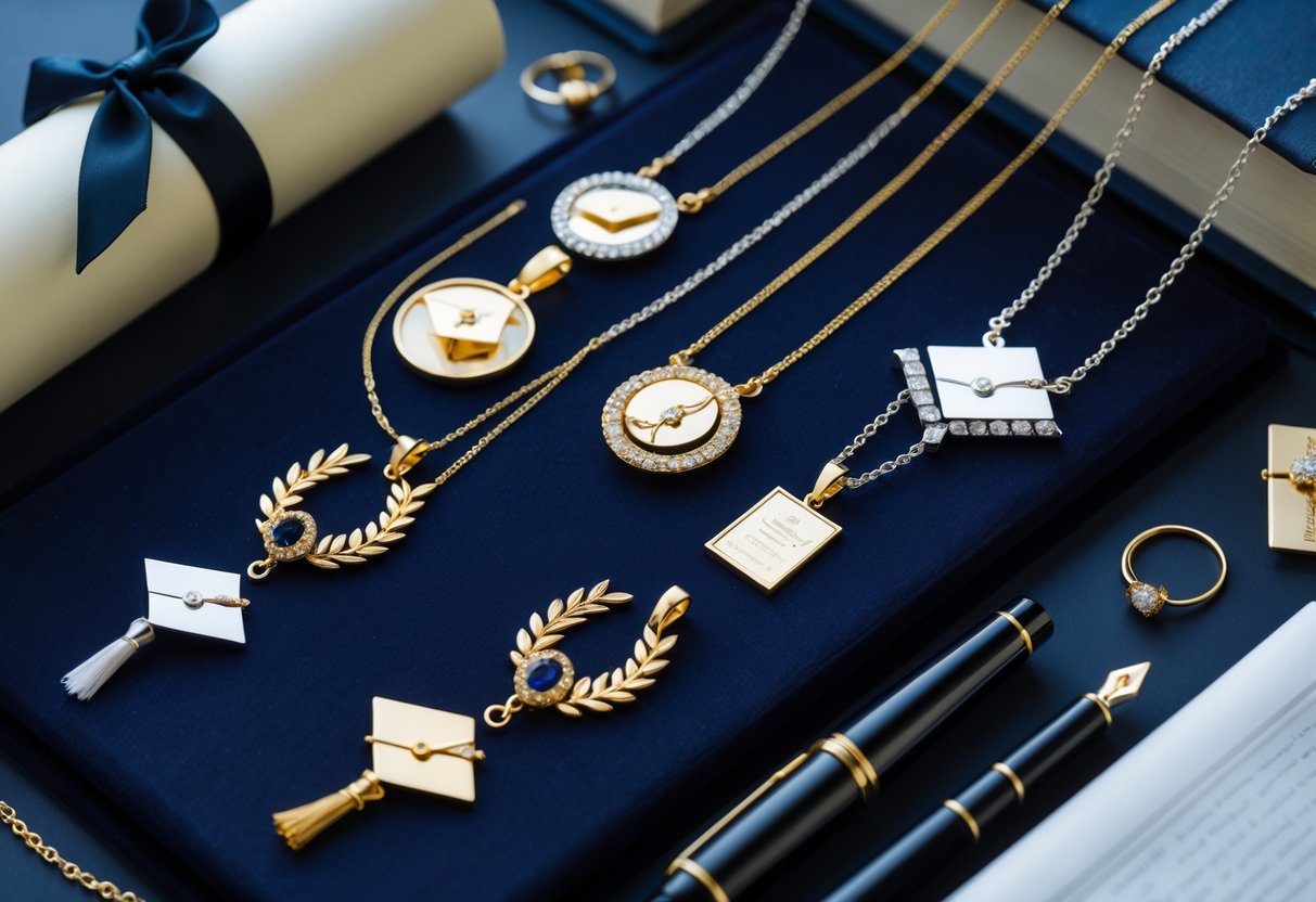 A close-up view of elegant graduation jewelry pieces displayed with a diploma and academic books on a dark velvet surface.