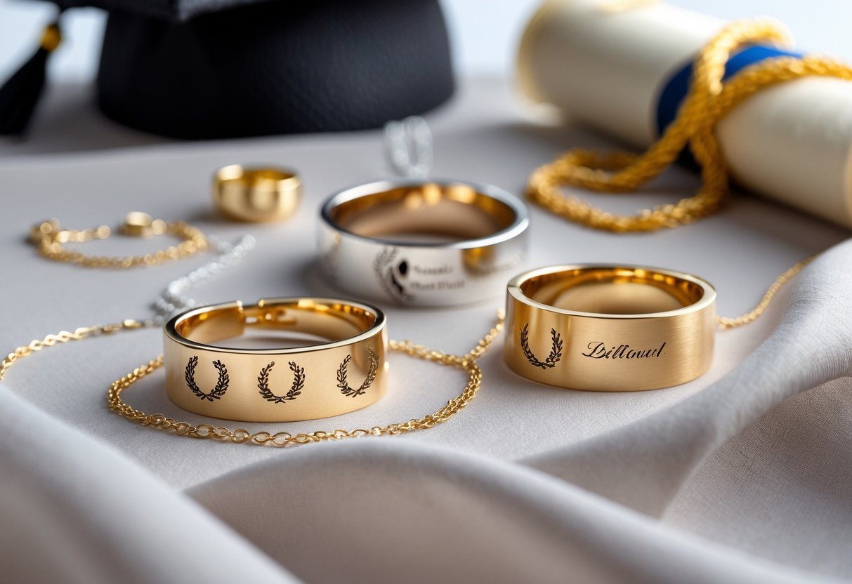 Close-up of elegant personalized jewelry pieces arranged with a diploma scroll and graduation cap in the background.