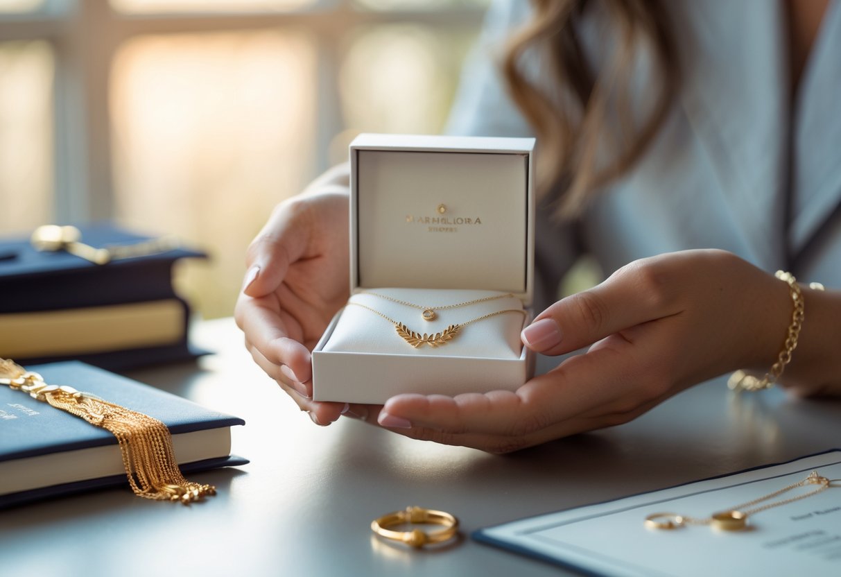 Close-up of a woman holding an elegant jewelry box with a necklace inside, with a blurred diploma and academic regalia in the background.