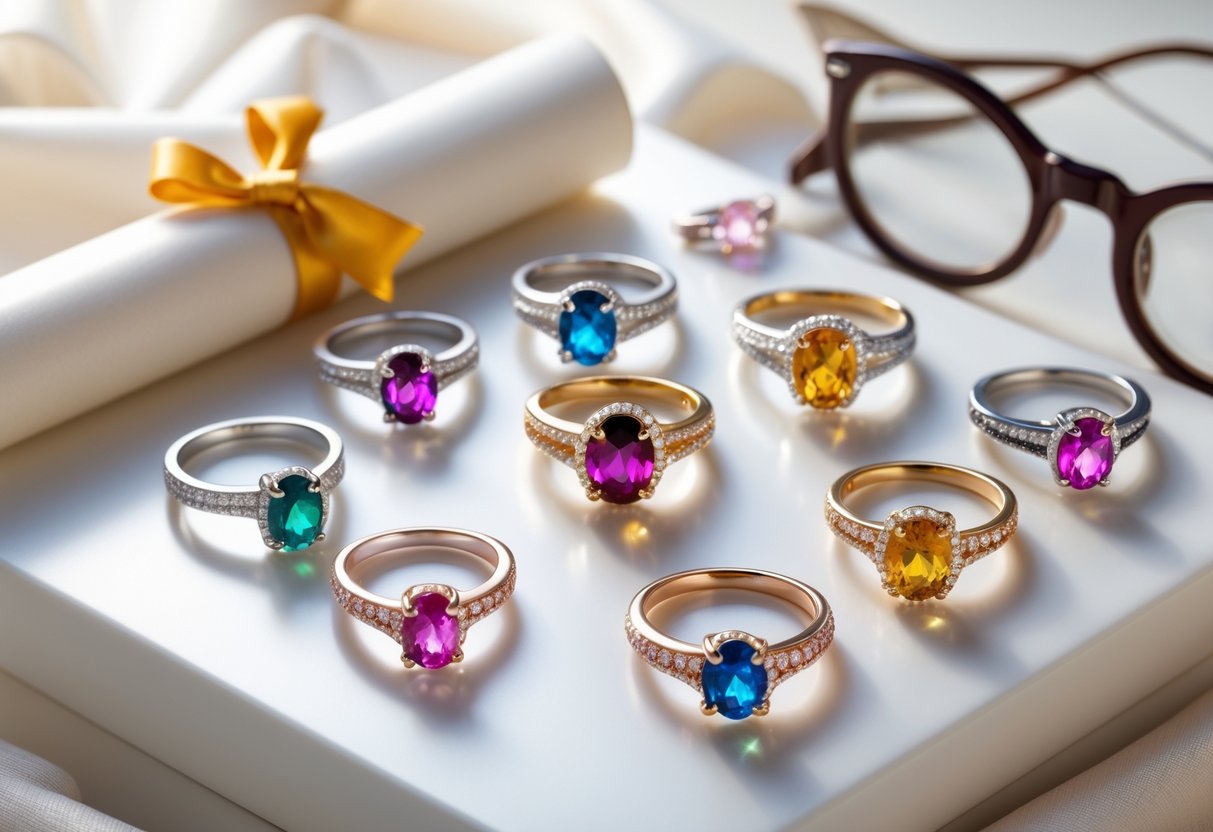 An arrangement of birthstone rings and gemstone jewelry displayed with a rolled diploma and eyeglasses.