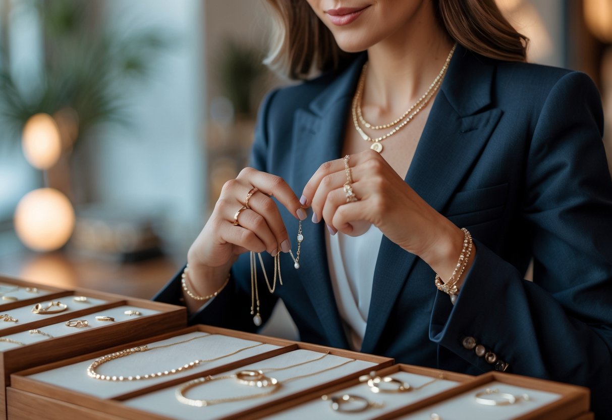 A woman in a blazer selecting jewelry from a display of necklaces, bracelets, and rings on a wooden table.