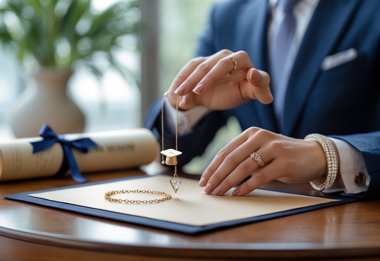 A close-up of hands holding elegant jewelry near a diploma on a wooden table.