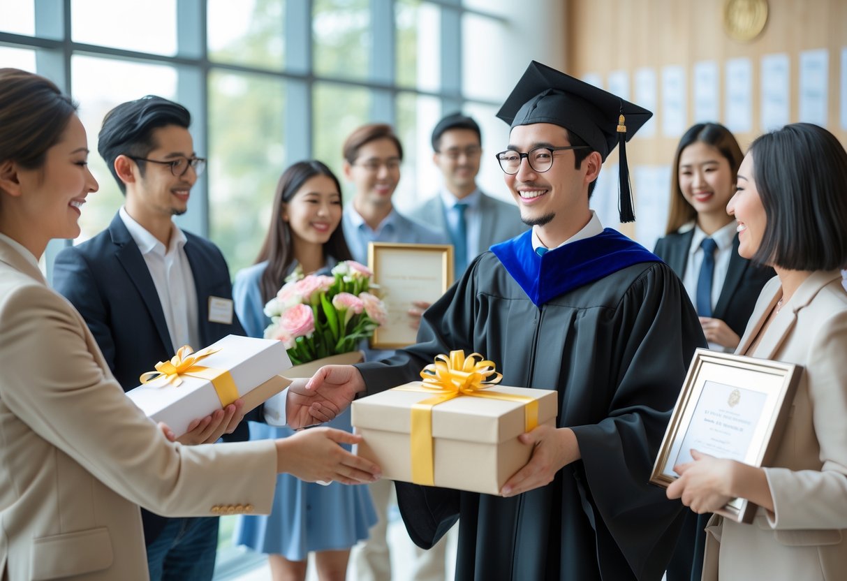 A PhD graduate in cap and gown receiving gifts from professors and peers in a bright university setting.