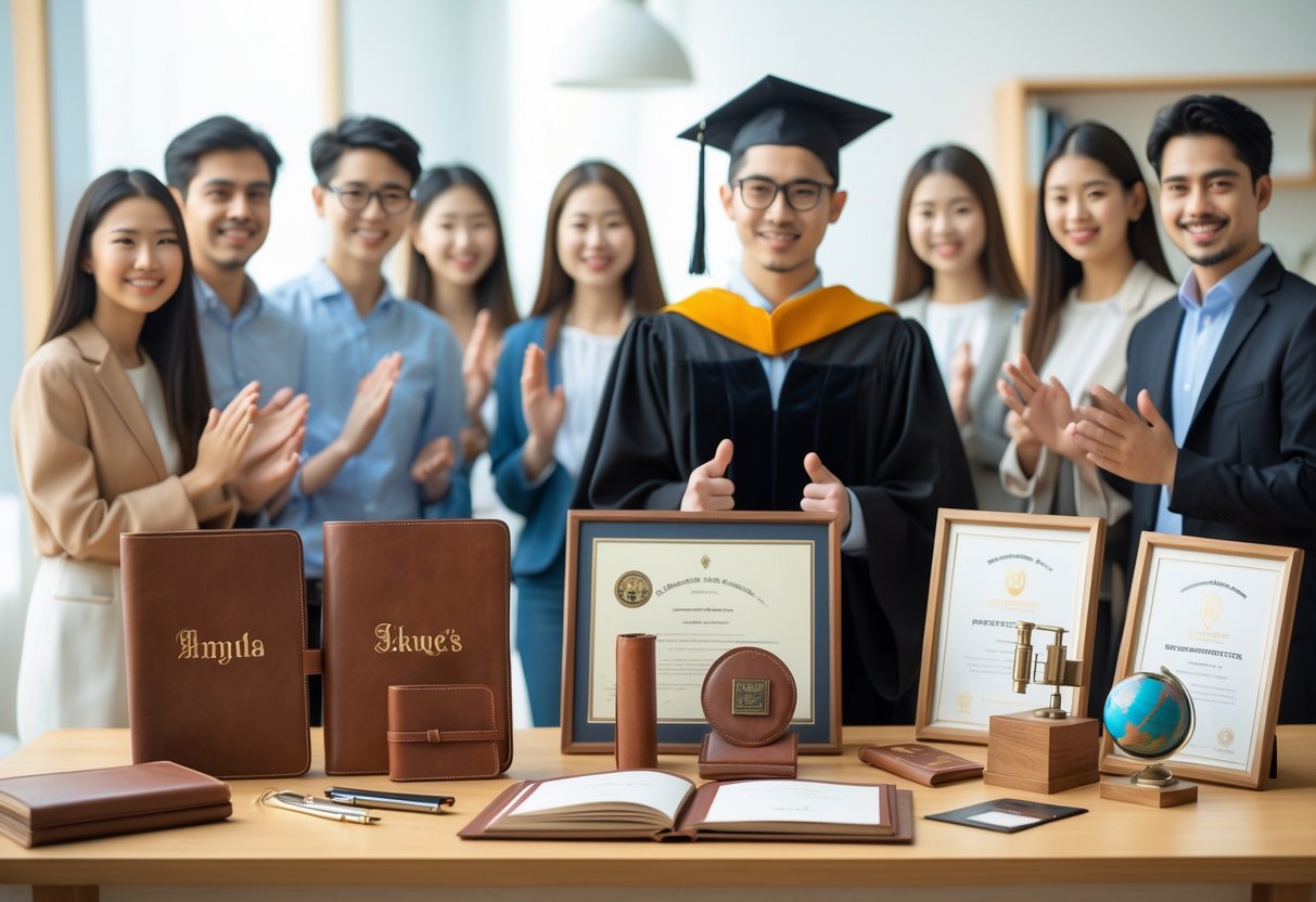 A happy PhD graduate wearing a cap and gown is congratulated by smiling professors and peers, with personalized academic gifts displayed on a table nearby.