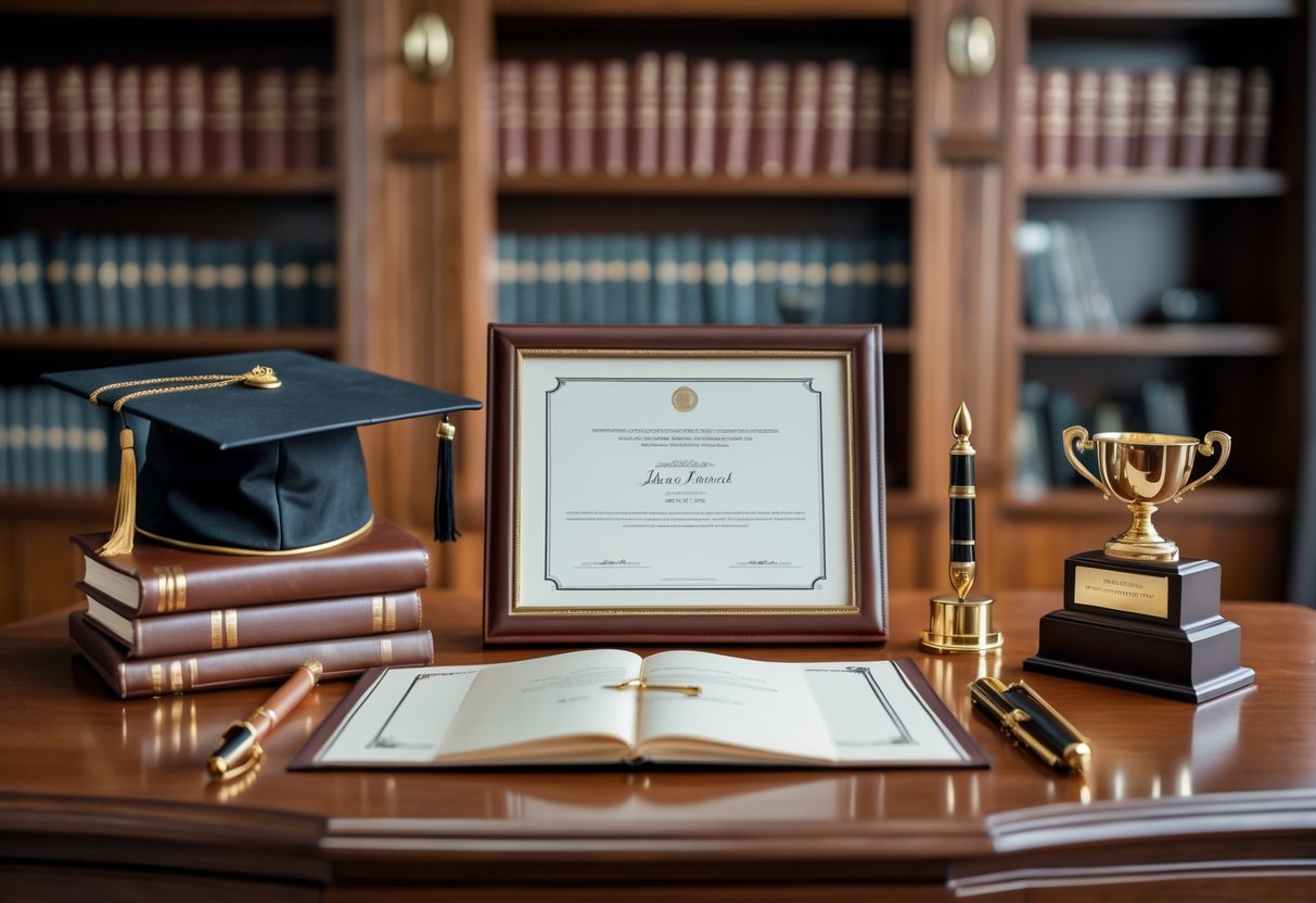 A desk displaying classic academic gifts including a leather journal, fountain pen, framed diploma, graduation cap, and an award plaque in a study with bookshelves in the background.