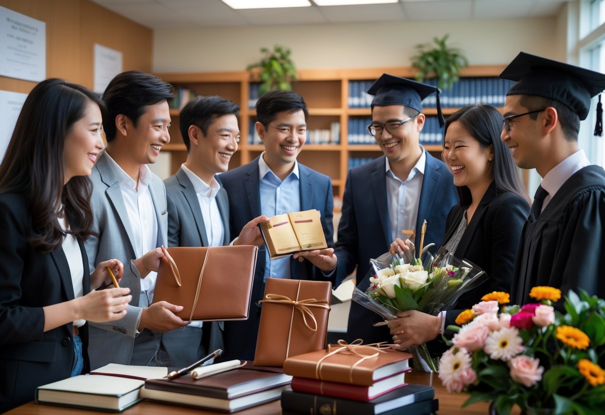Group of people in an academic setting giving and receiving graduation gifts to celebrate PhD students' achievements.