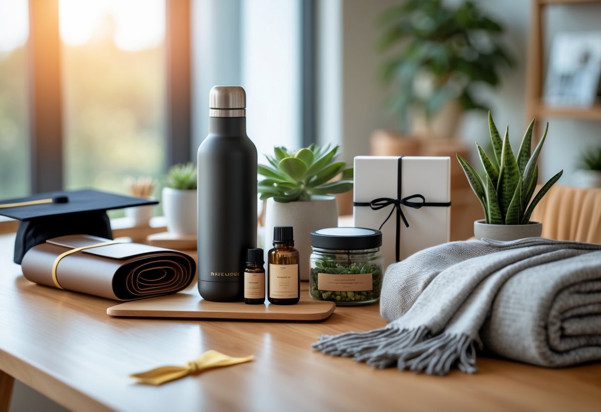 A table displaying wellness and lifestyle gifts including a journal, water bottle, essential oils, plant, blanket, and desk organizer with a graduation cap and diploma in the background.