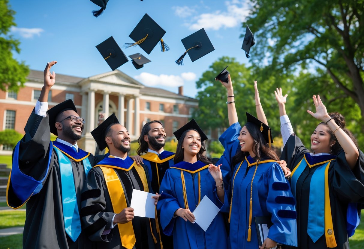 A group of diverse PhD graduates in caps and gowns celebrating outdoors on a university campus, holding diplomas and smiling.