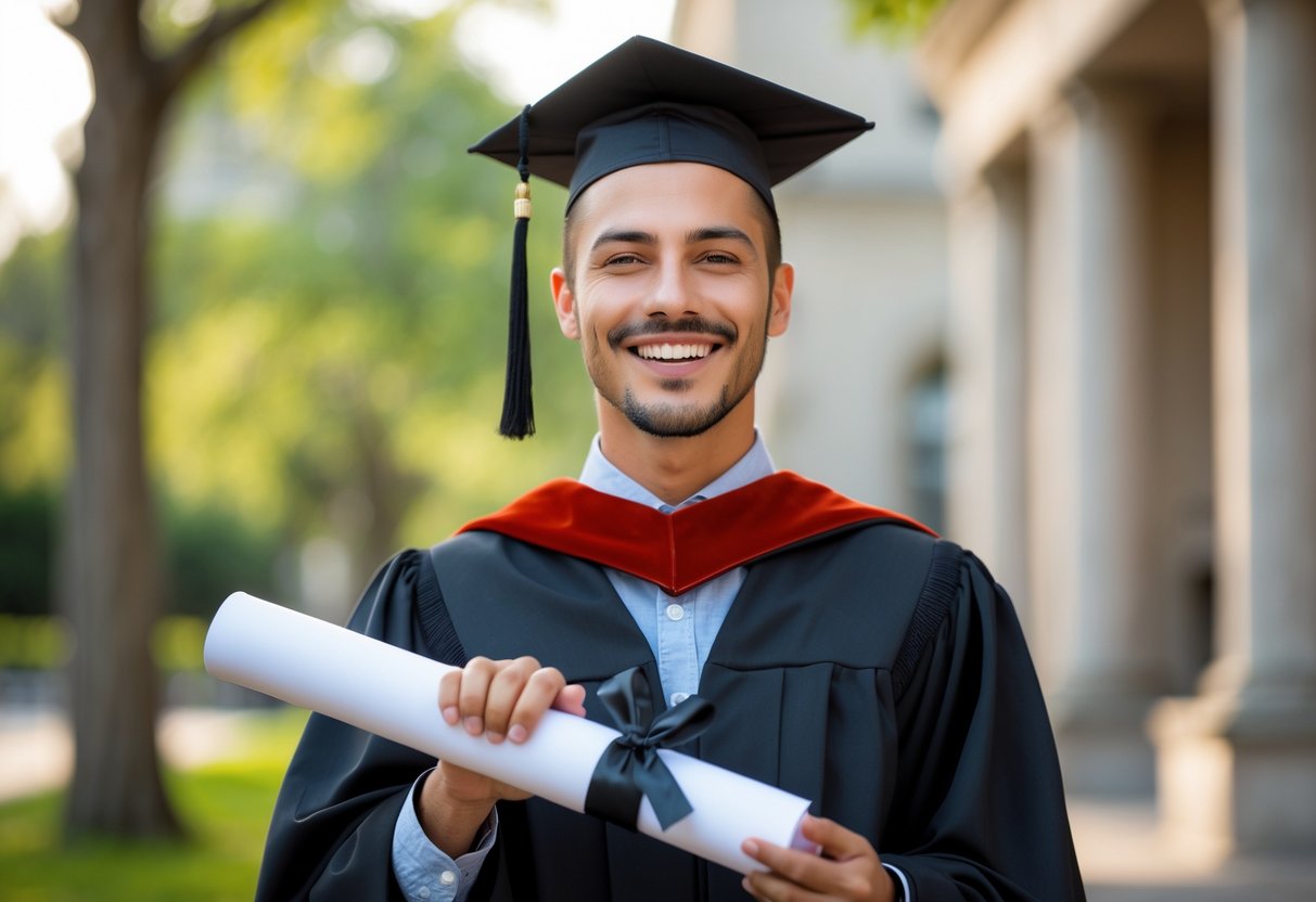 A young adult in academic gown and cap holding a diploma, smiling outdoors on a university campus.