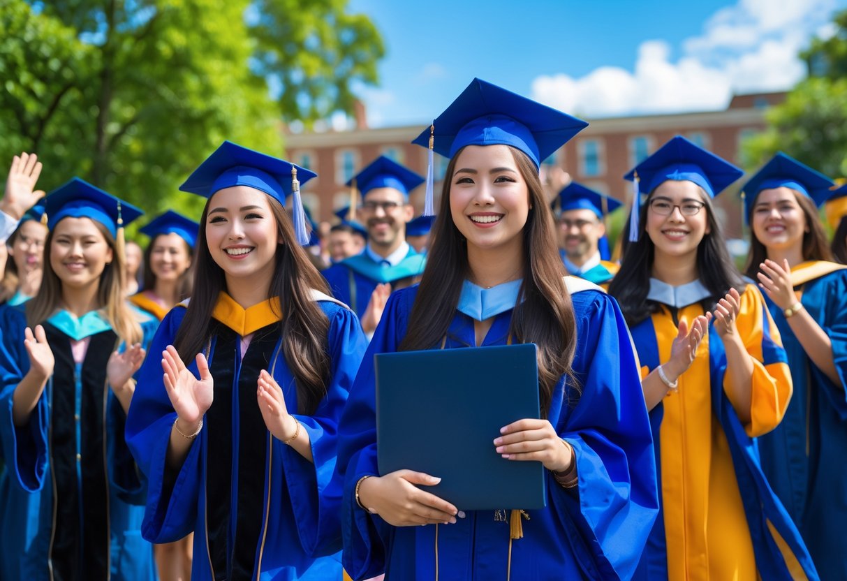 A group of graduates in caps and gowns celebrating outdoors with smiles and applause near a university building.
