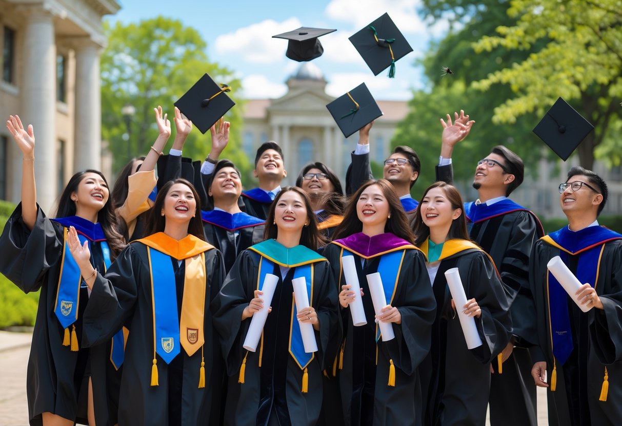 A group of happy PhD graduates in academic gowns throwing caps in the air outside on a sunny day near a university building.