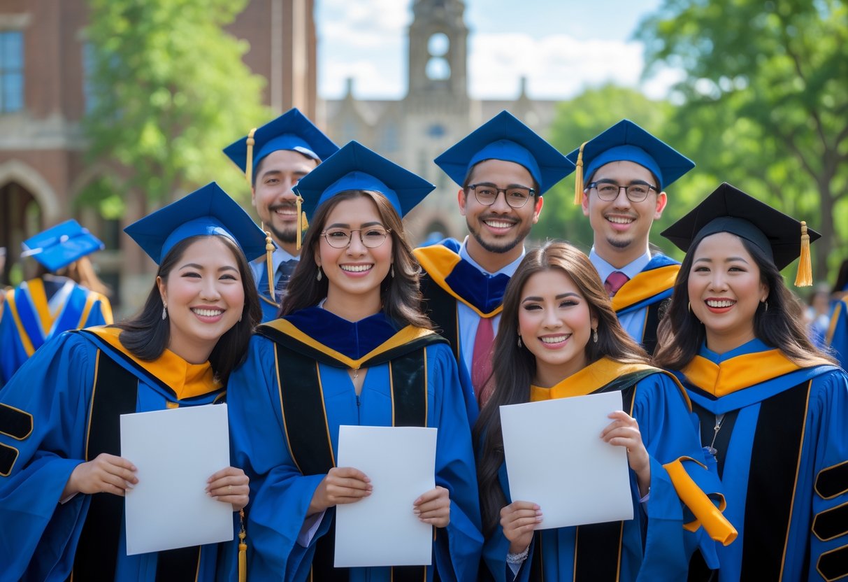 A group of doctoral graduates in caps and gowns smiling and holding diplomas outdoors on a university campus.
