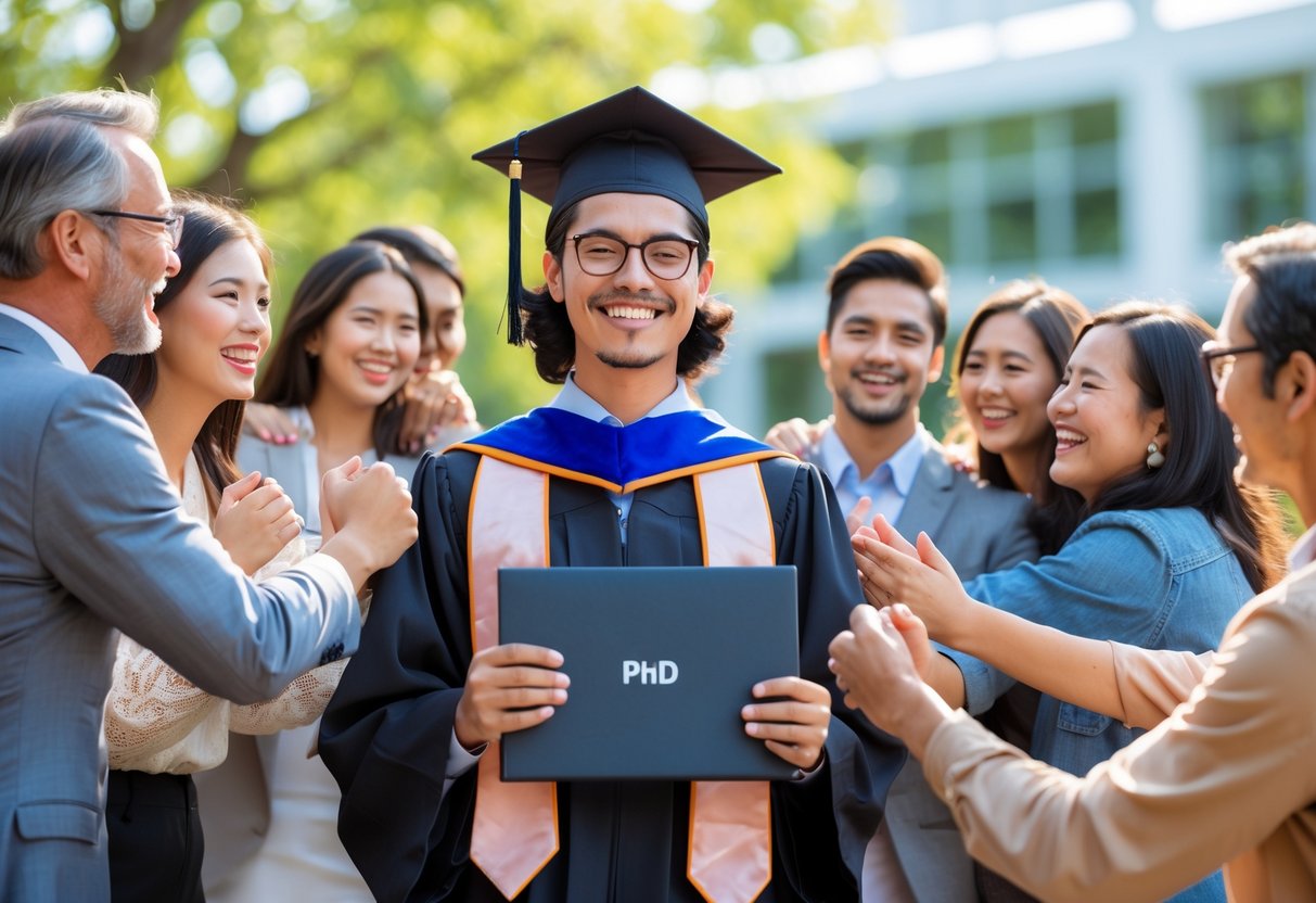 A young graduate in cap and gown holding a diploma, smiling and celebrating with friends and family outdoors on a university campus.