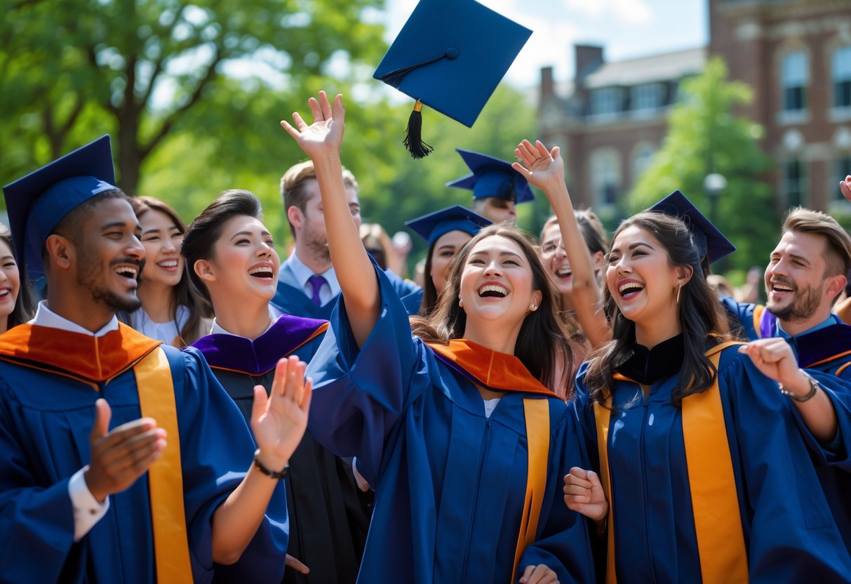 A group of graduates in caps and gowns smiling and celebrating outdoors on a sunny day.