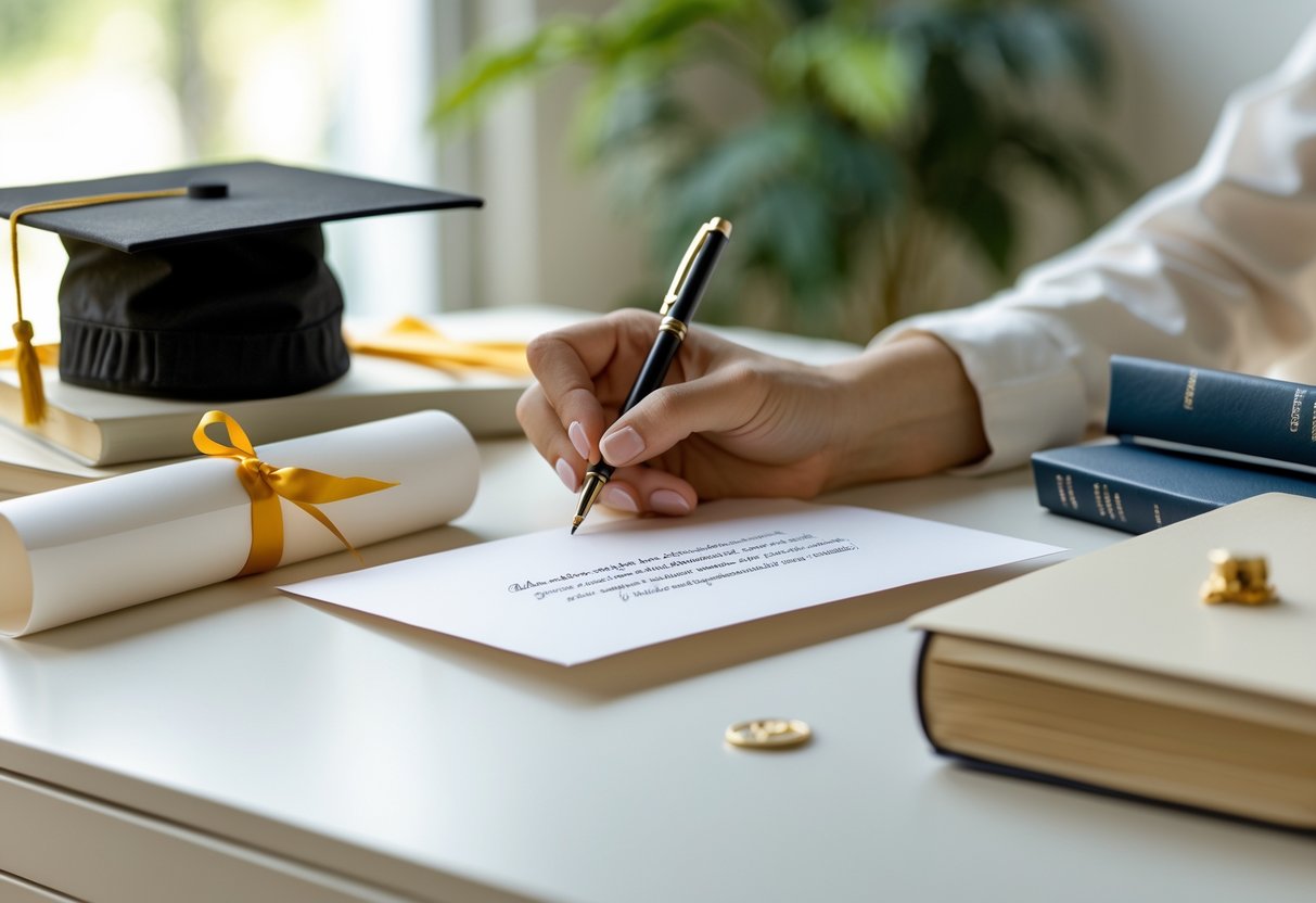 A hand writing in a blank card on a desk with a graduation cap, diploma, and books nearby.