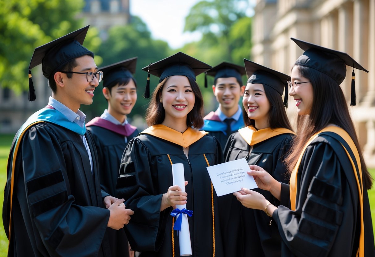A group of graduates in caps and gowns outdoors on a university campus, one holding a diploma and another handing a congratulatory card.