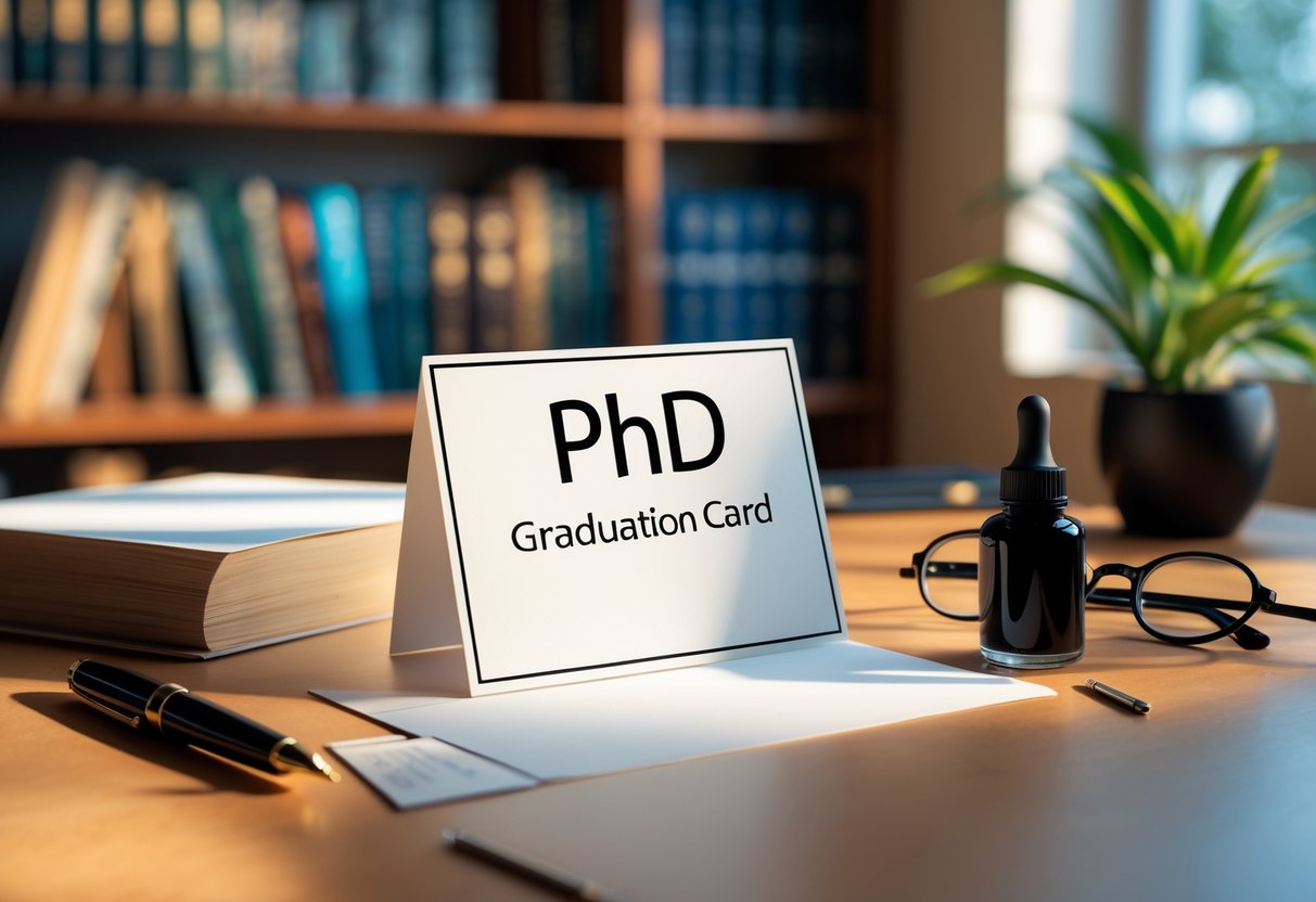 A desk with an open graduation card, a fountain pen, eyeglasses, and books in the background, illuminated by natural light.