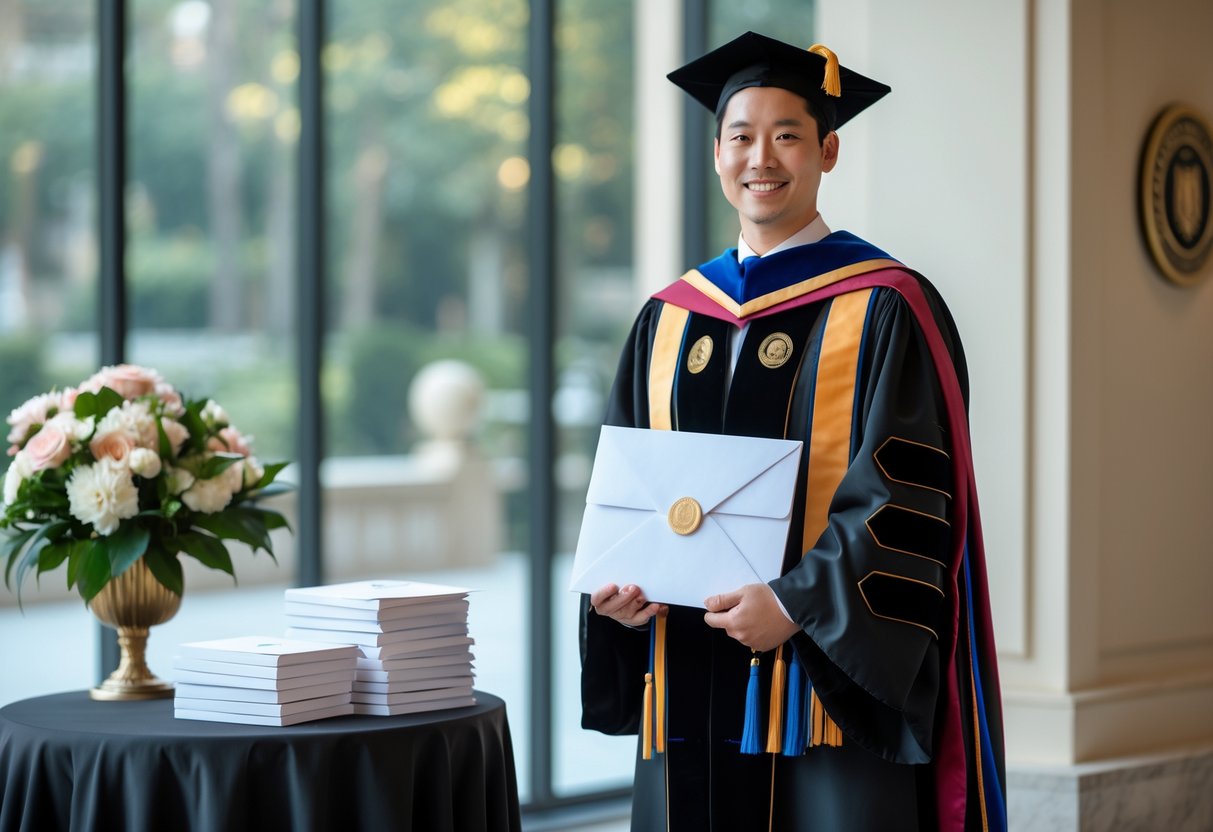 A PhD graduate in formal academic gown holding a diploma folder, standing near a table with graduation cards in an elegant setting.
