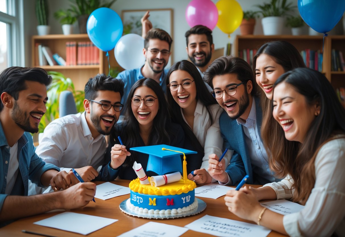 A group of people happily writing congratulatory cards at a table decorated for a PhD graduation celebration.