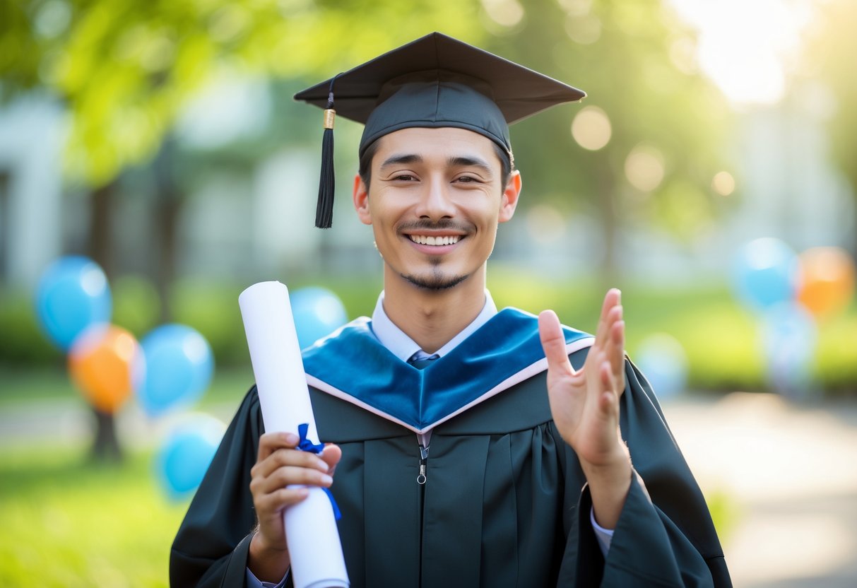 A young adult wearing a graduation cap and gown holding a diploma outdoors with a happy expression.