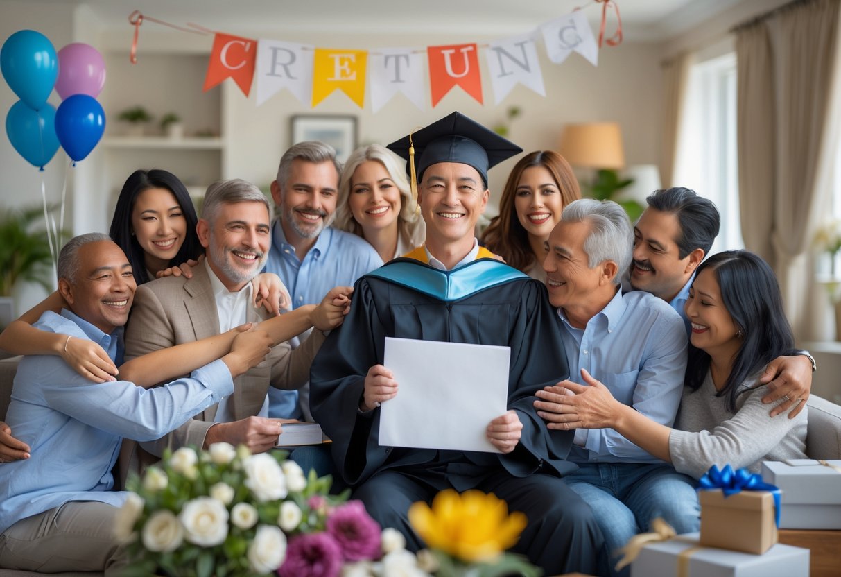 A group of family and friends celebrating a young adult's PhD graduation indoors, with the graduate wearing a cap and gown and everyone smiling and showing support.