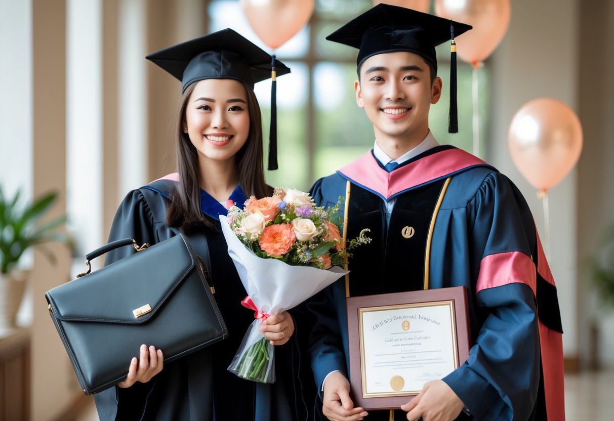 Two graduates standing side by side indoors, one in a master's gown holding a briefcase and flowers, the other in a PhD gown holding a book and framed certificate, both smiling.