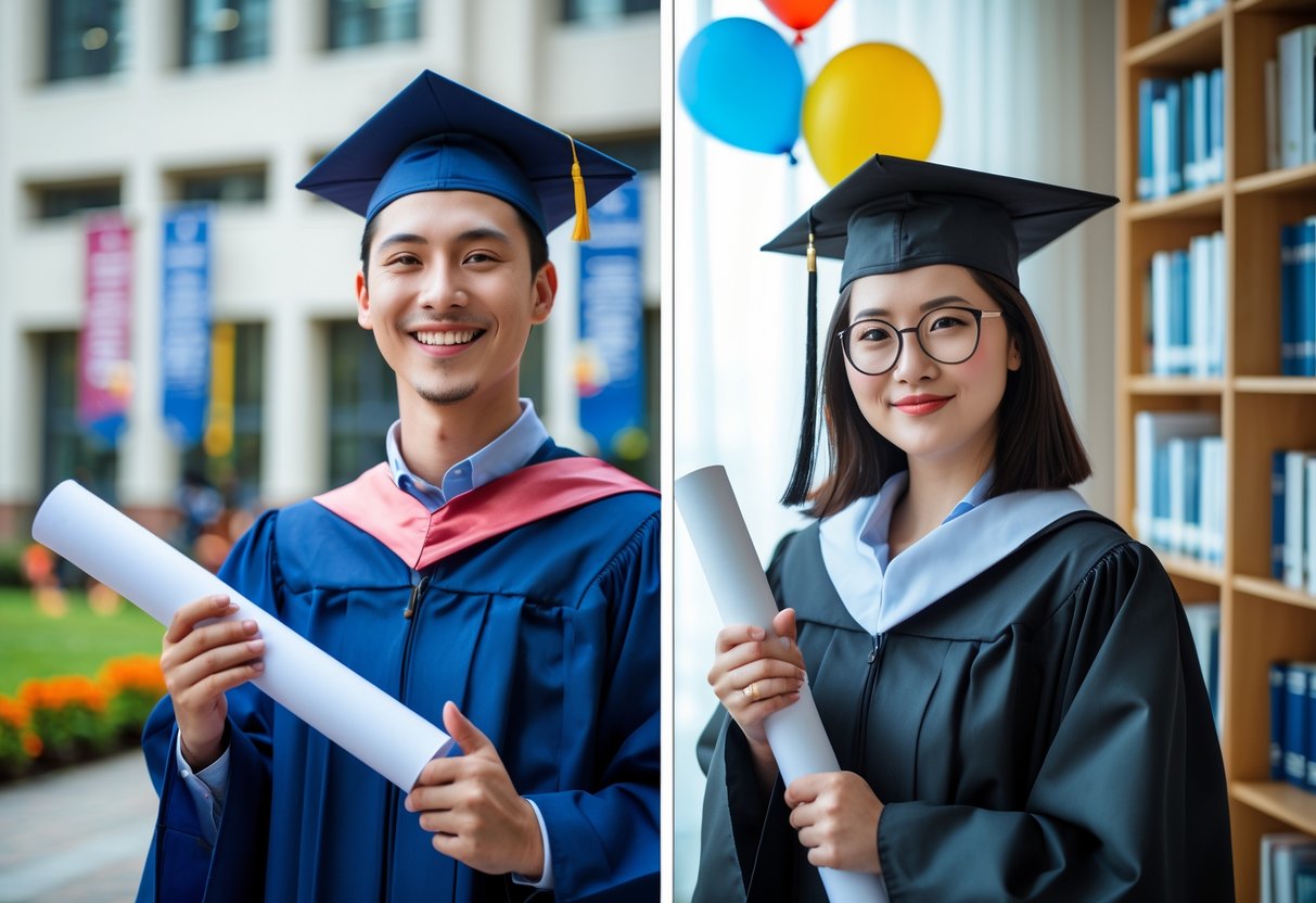 Two graduates in caps and gowns standing side by side, one holding a diploma and smiling, the other holding a rolled-up thesis near bookshelves, representing different graduation journeys.
