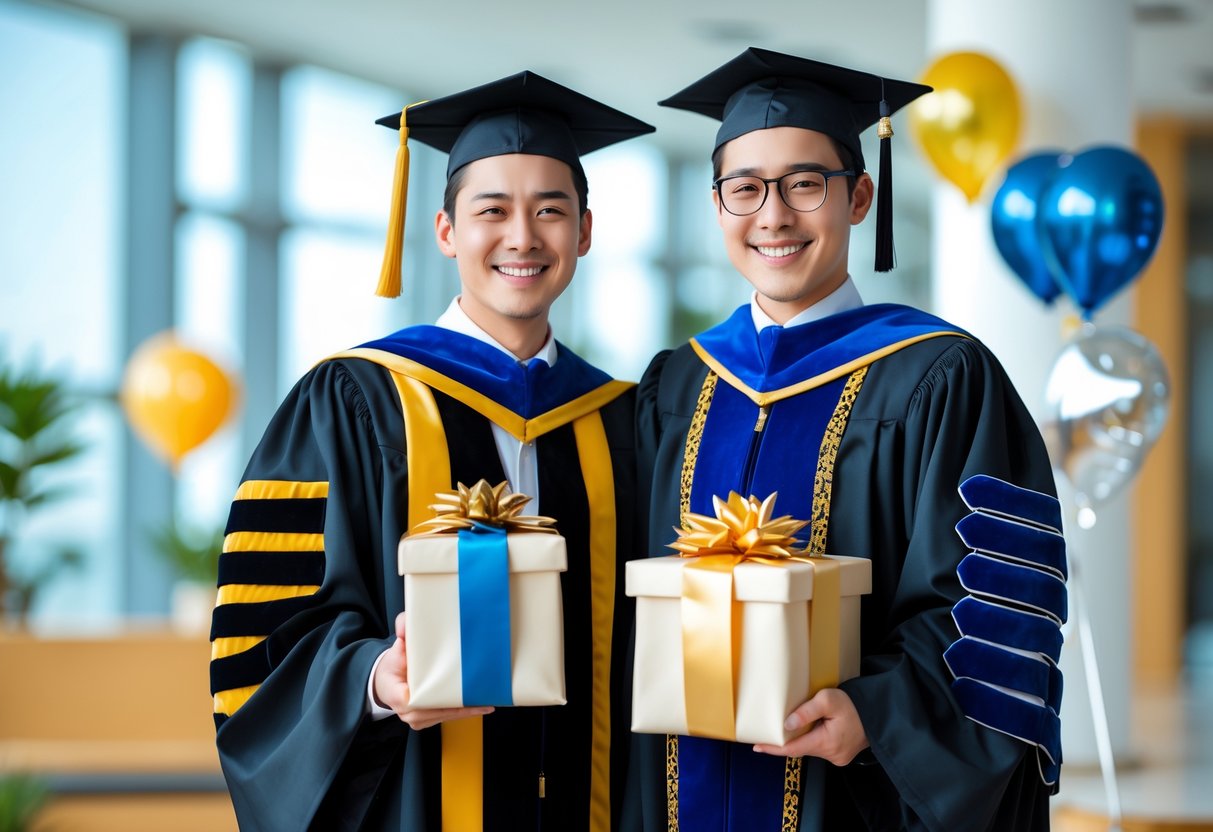 Two graduates in academic gowns holding wrapped gifts and smiling in a bright indoor setting decorated for graduation.