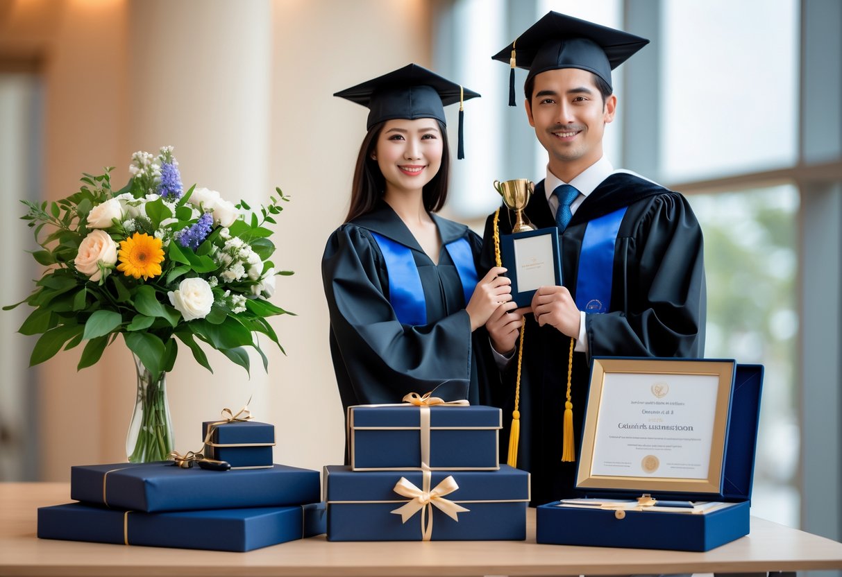 A graduate in a gown holding a diploma stands beside a table with two distinct sets of elegant graduation gifts representing a Master's degree and a PhD, in a softly lit indoor setting.