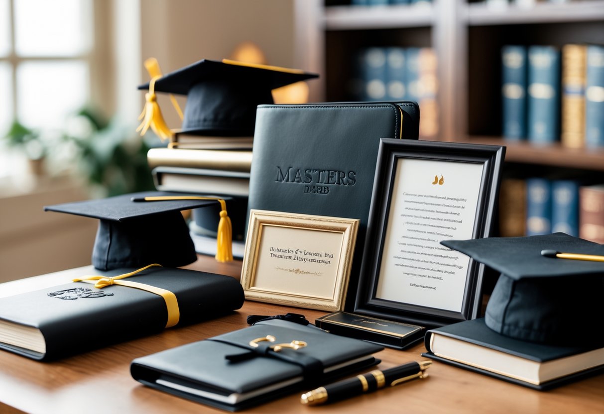 A table with personalized gifts for master's degree graduates including notebooks, engraved pens, framed quotes, and graduation caps, with diplomas and books in the background.