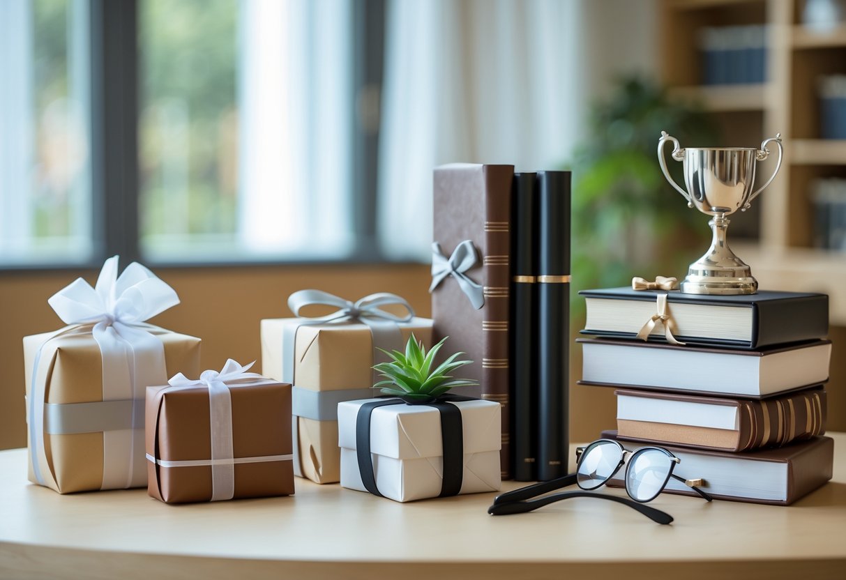 A table displaying two groups of graduation gifts: modest presents for a Master’s degree and more elaborate items for a PhD, set in a cozy study room.