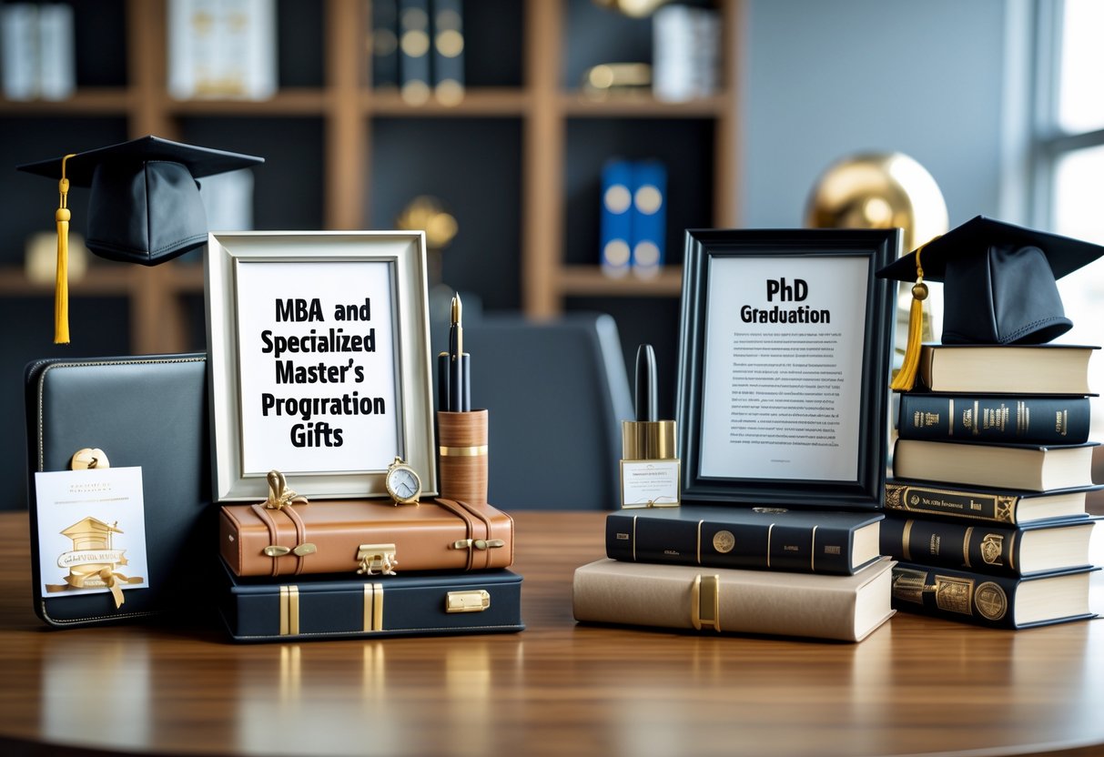 Two distinct graduation gift arrangements on a table, one with business-themed items like a planner and briefcase, the other with academic items like books and a diploma holder, set in a modern office environment.