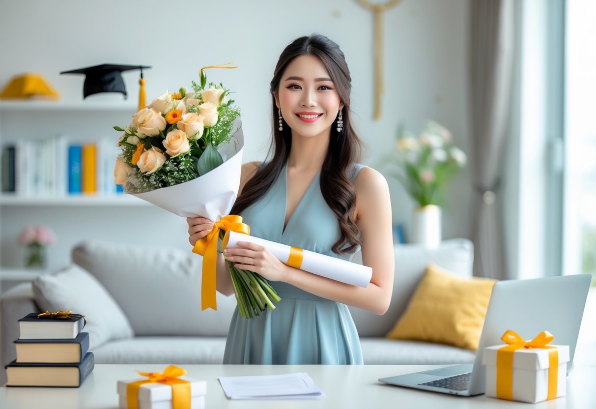 A young woman holding flowers and a diploma, smiling in a bright living room with gifts and books nearby.